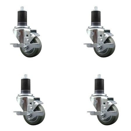 Service Caster 3'' Gray Poly Swivel 1-5/8'' Expanding Stem Caster Set with Brake, 4PK SCC-EX20S314-PPUB-TLB-158-4